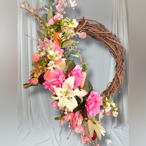 Spring Floral Grapevine Wreath Pink Rose Peony Lily Garden Front Door Decor 22” - Picture 2 of 3